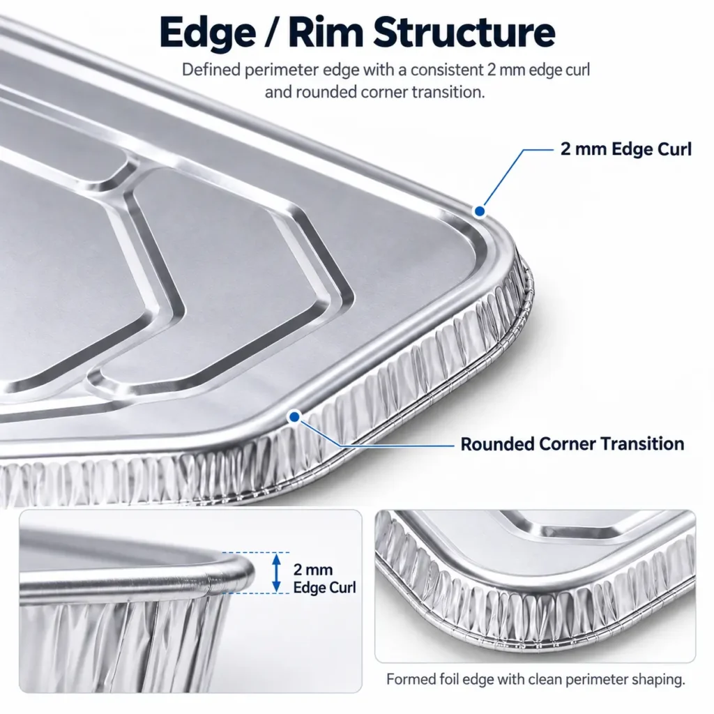 Edge curl and rim structure detail of half size aluminum foil steam table pan lid