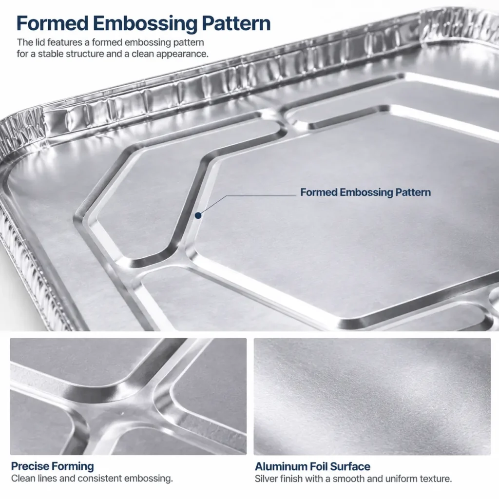 Formed embossing pattern detail on half size aluminum foil steam table pan lid