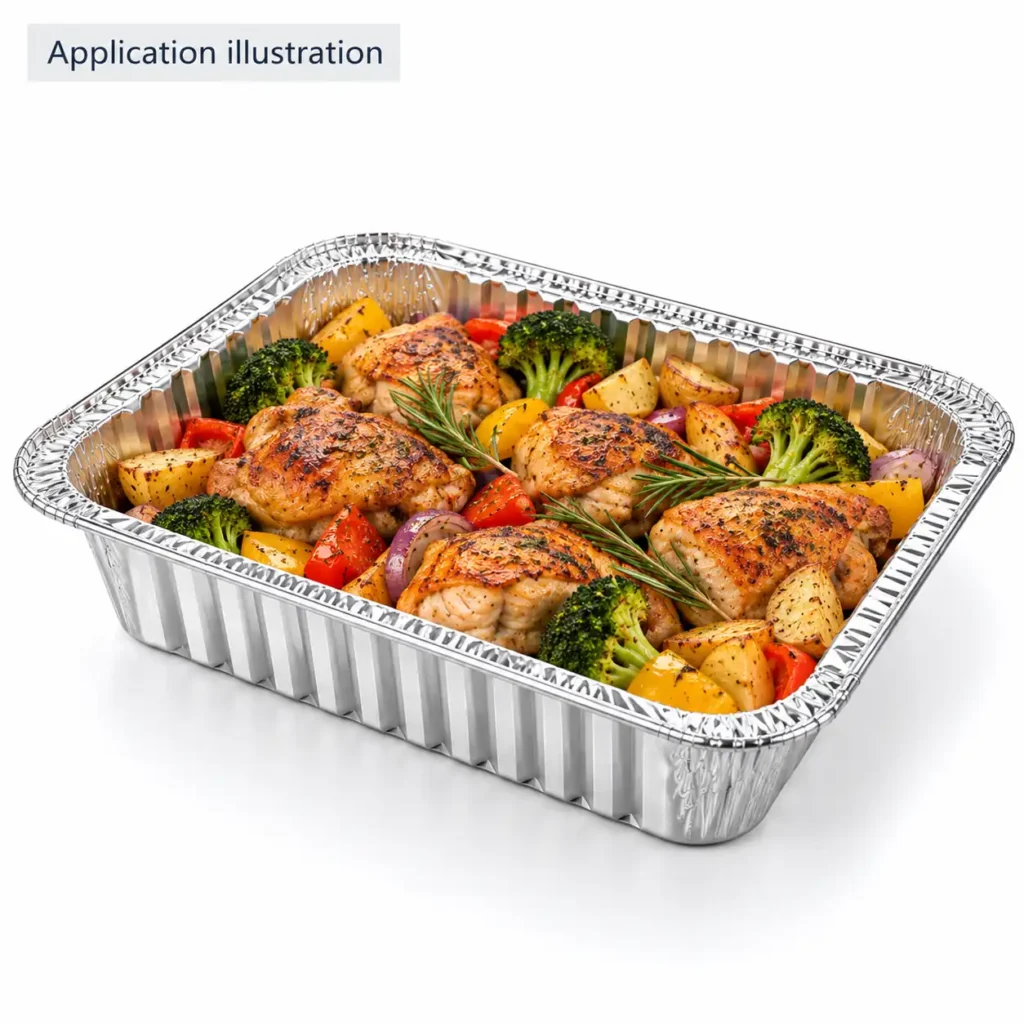 Half size deep aluminum foil steam table pan with prepared food - application illustration