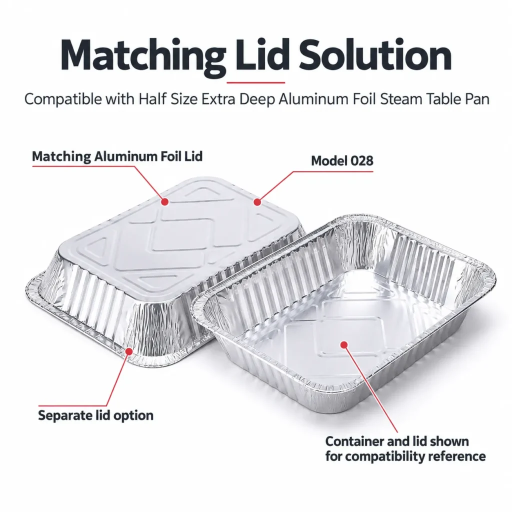 Half size extra deep aluminum foil steam table pan with matching aluminum foil lid Model 028