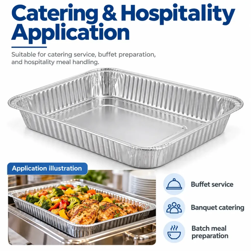 Half size shallow aluminum foil steam table pan for catering and hospitality - application illustration