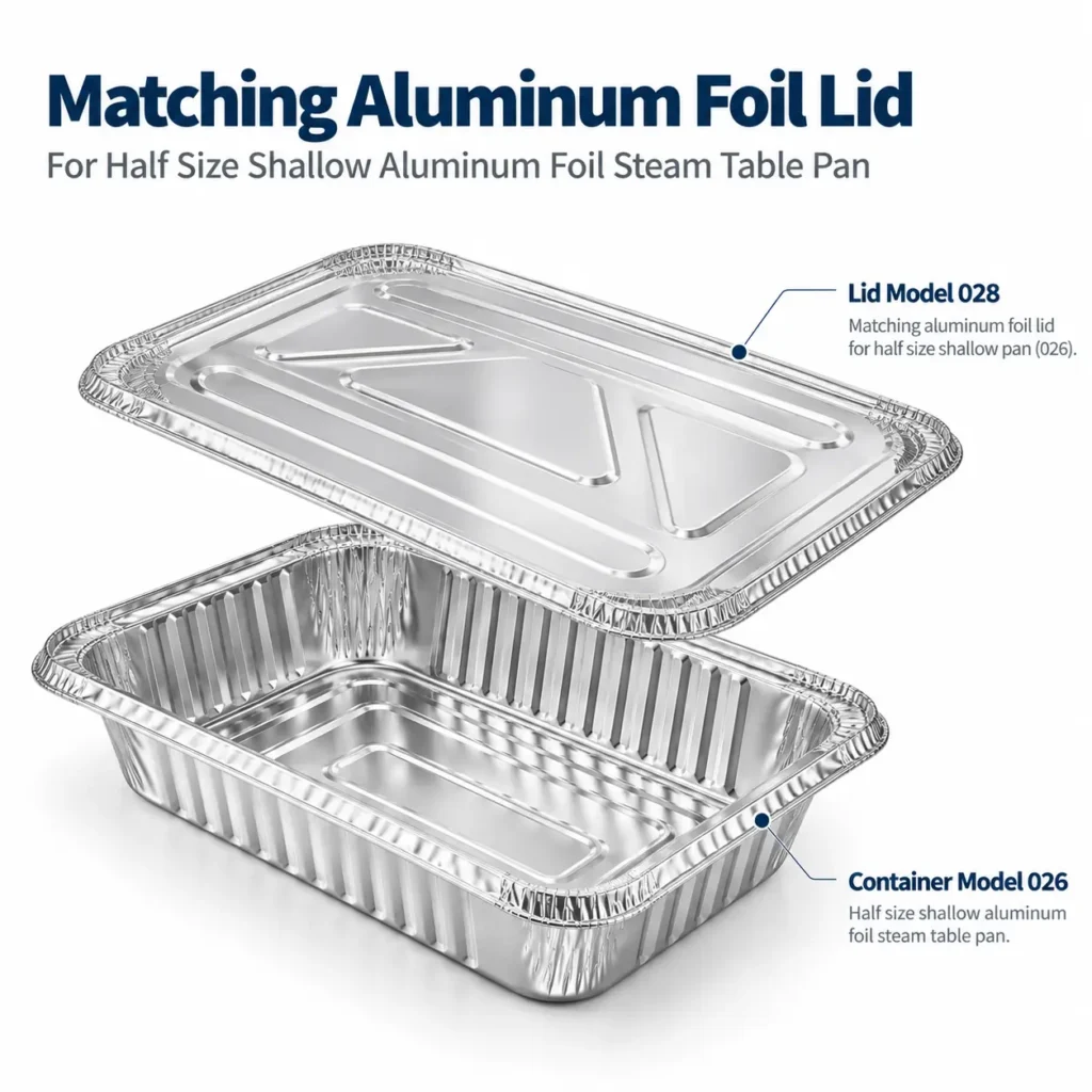 Half size shallow aluminum foil steam table pan with matching aluminum foil lid Model 028
