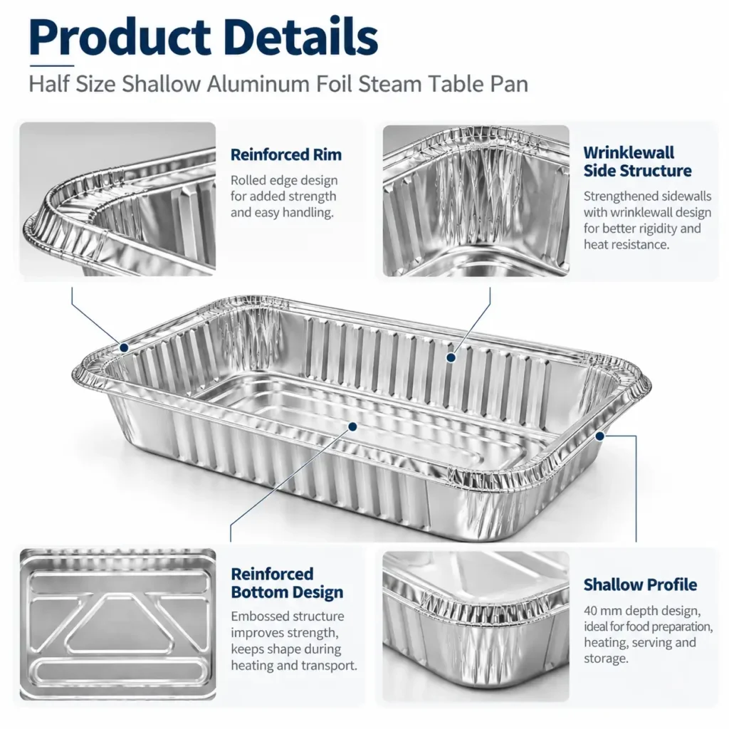 Half size shallow aluminum foil steam table pan - wrinklewall and rim structure detail