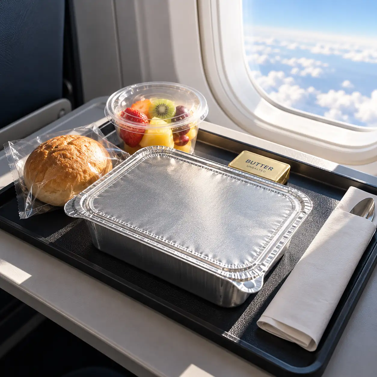 Aluminum foil airline meal container arranged beside an airplane window