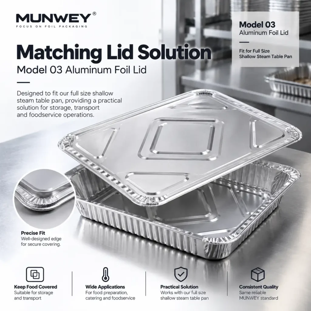 Model 03 aluminum foil lid pairing illustration for the MUNWEY full size shallow steam table pan.