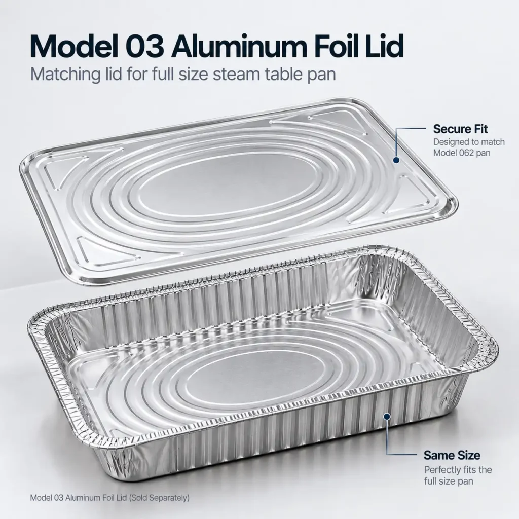 Model 03 aluminum foil lid designed for use with the full size medium depth steam table pan.