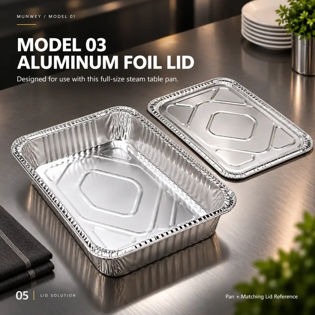 Model 03 aluminum foil lid shown with the compatible full size steam table pan.