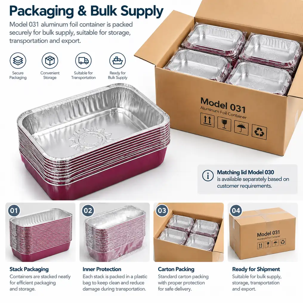 Model 031 aluminum foil food container packaging and bulk supply with carton packing and stacked containers