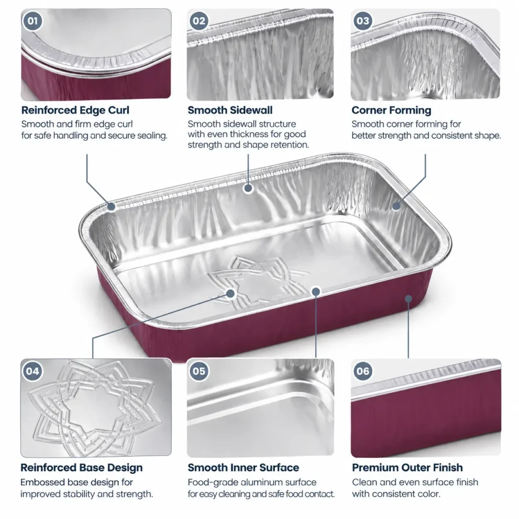 Model 031 aluminum foil container structure detail showing edge forming, corner design and interior surface