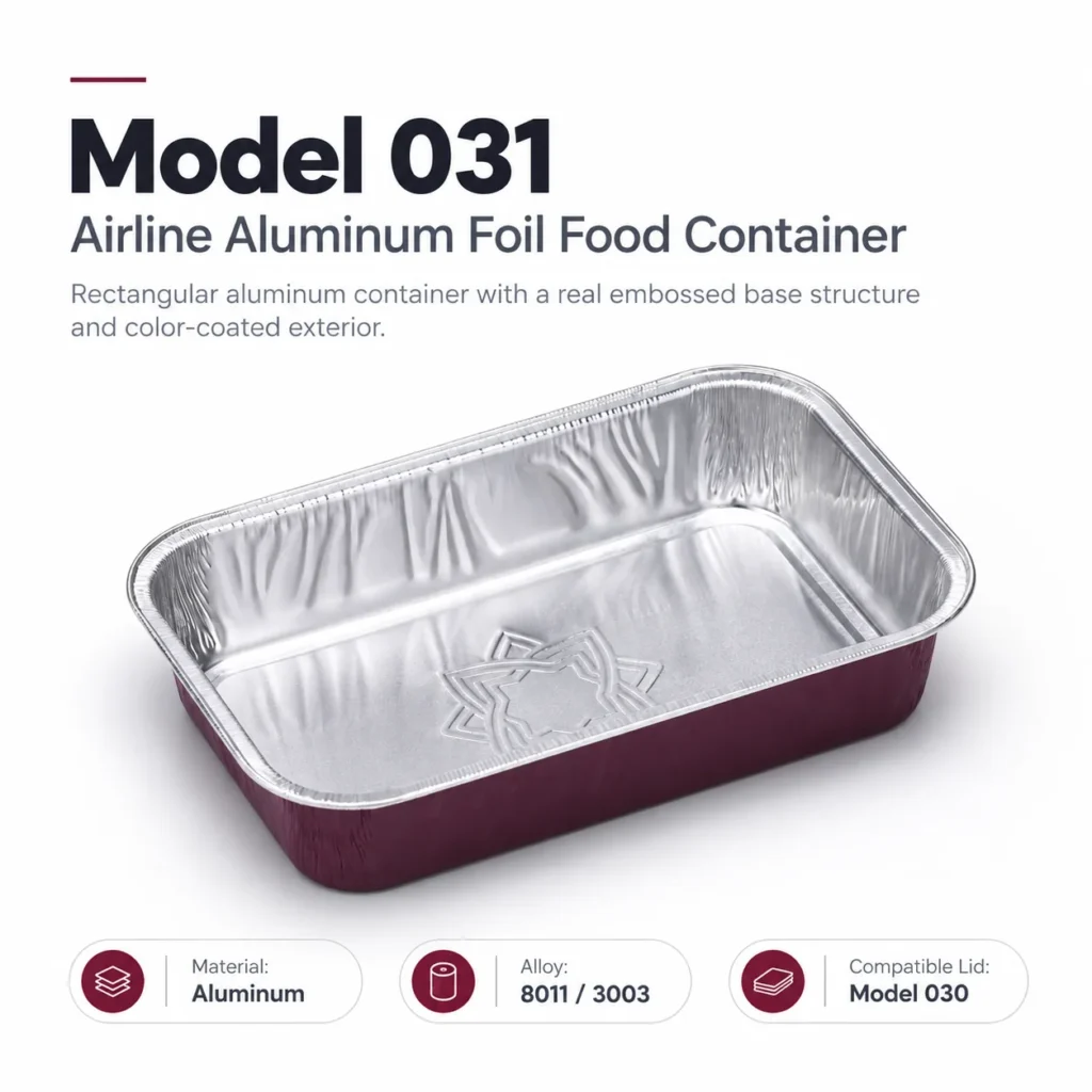 Model 031 aluminum foil food container product overview with rectangular design and formed structure