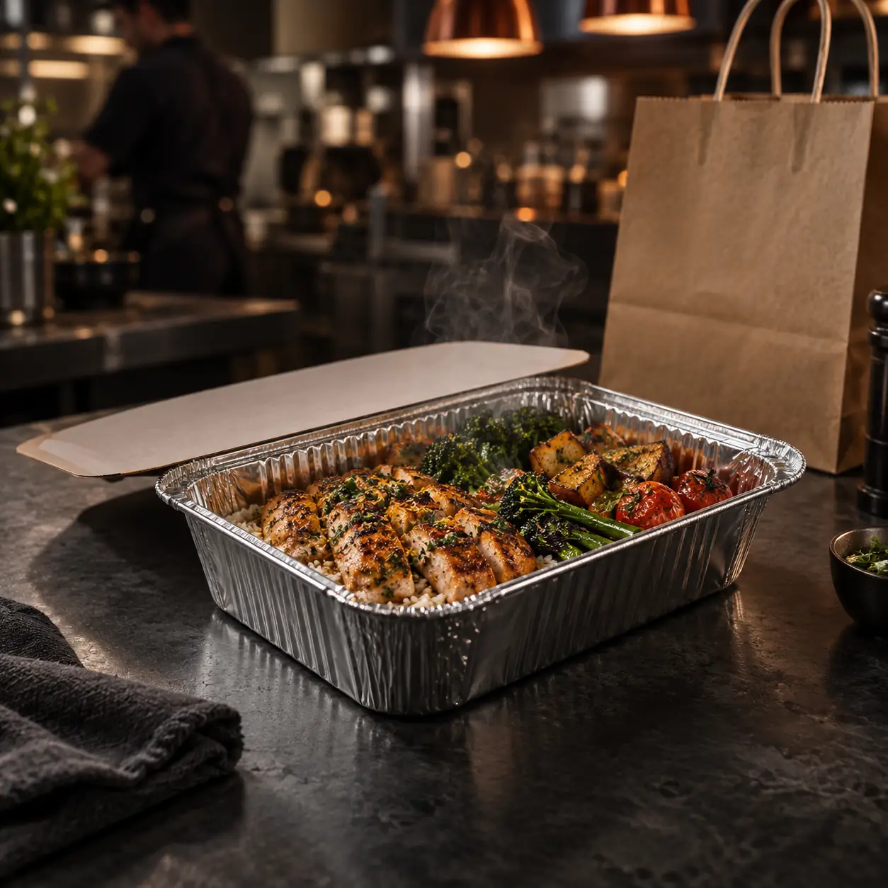 Hot takeaway meal in an aluminum foil container on a restaurant counter