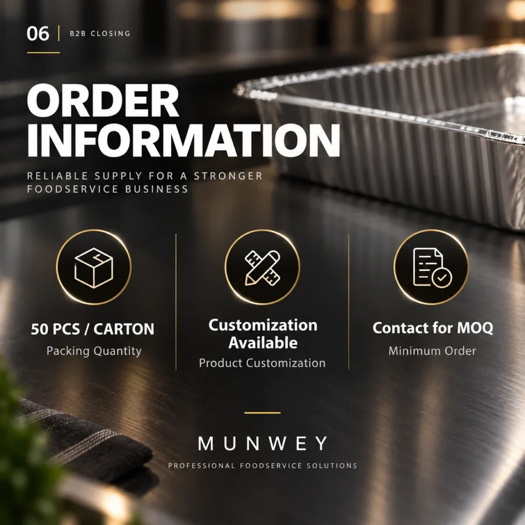 MUNWEY steam table pan order information showing 50 pcs per carton, customization availability and contact for MOQ.