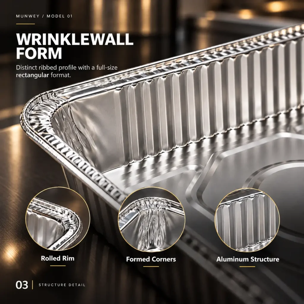 Close-up of the wrinklewall aluminum steam table pan showing the rolled rim, formed corners and ribbed sidewall structure.