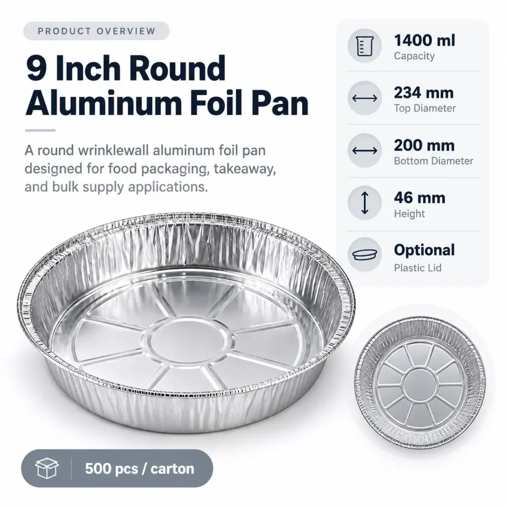 Product overview of a 9 inch round aluminum foil pan showing its wrinklewall design and 1400 ml capacity.
