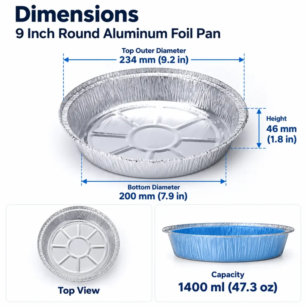 Dimensions of a 9 inch round aluminum foil pan showing a 234 mm top diameter, 200 mm bottom diameter, 46 mm height and 1400 ml capacity.