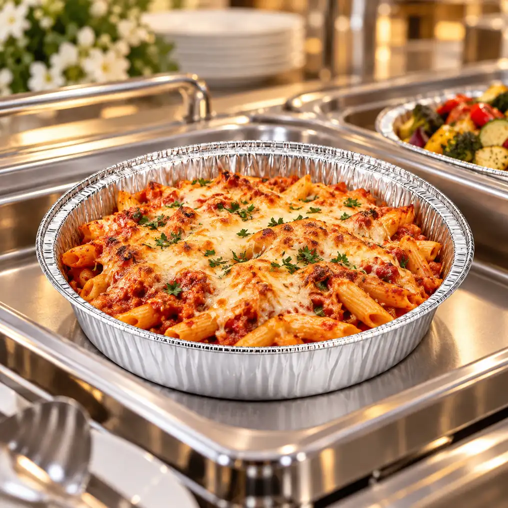 Illustrative catering buffet scene featuring a round aluminum foil pan filled with baked pasta.