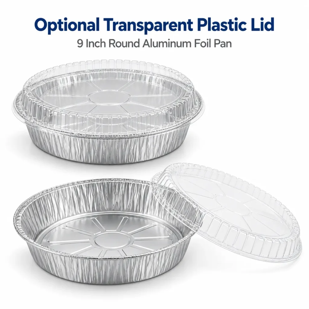 Concept illustration of a transparent plastic lid displayed with a 9 inch round aluminum foil pan.