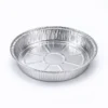 9 inch round aluminum foil pan shown at a three-quarter angle, with an open interior, curled rim and pleated sidewalls.