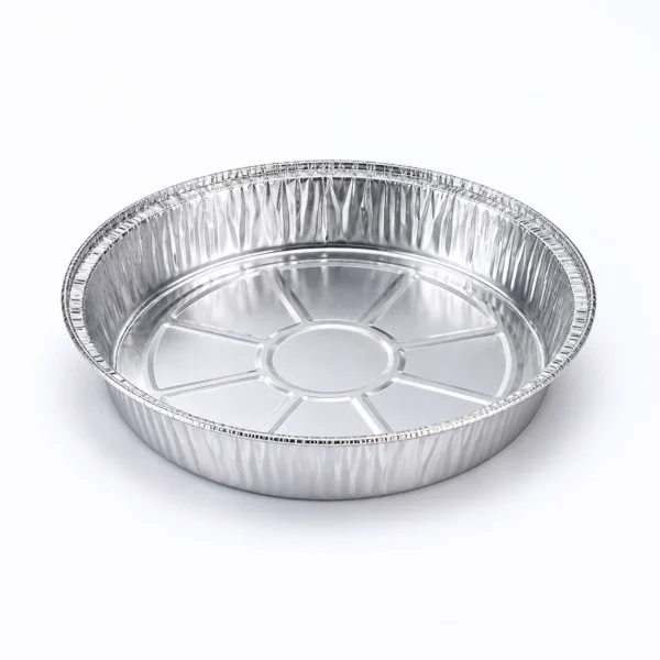 9 inch round aluminum foil pan shown at a three-quarter angle, with an open interior, curled rim and pleated sidewalls.