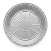Overhead view of a round aluminum foil pan showing its circular rim, pleated inner walls and embossed base.