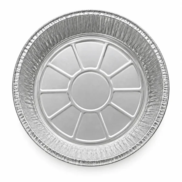 Overhead view of a round aluminum foil pan showing its circular rim, pleated inner walls and embossed base.