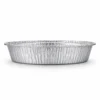 Side profile of the round aluminum foil pan highlighting its pleated sidewalls, shallow depth and curled rim.
