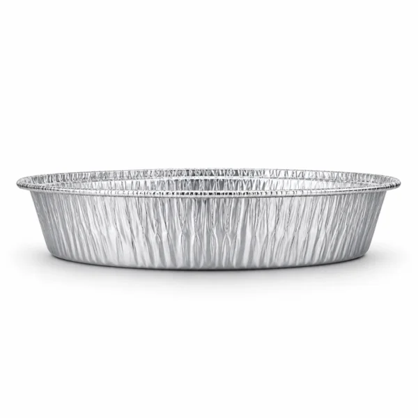 Side profile of the round aluminum foil pan highlighting its pleated sidewalls, shallow depth and curled rim.